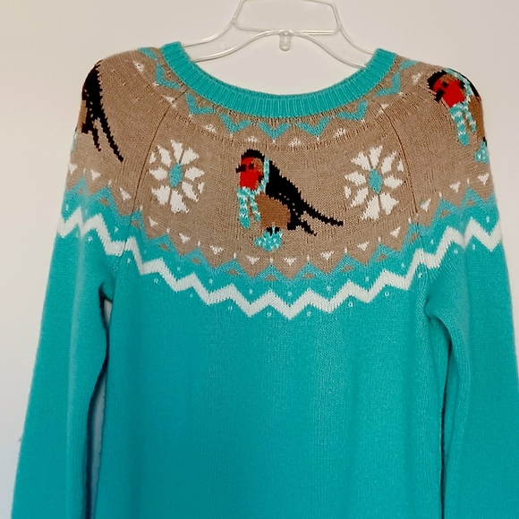 Talbots Teal Lambswool Knit Fair Isle Snow Bird Sweater, Size P - Picture 6 of 16
